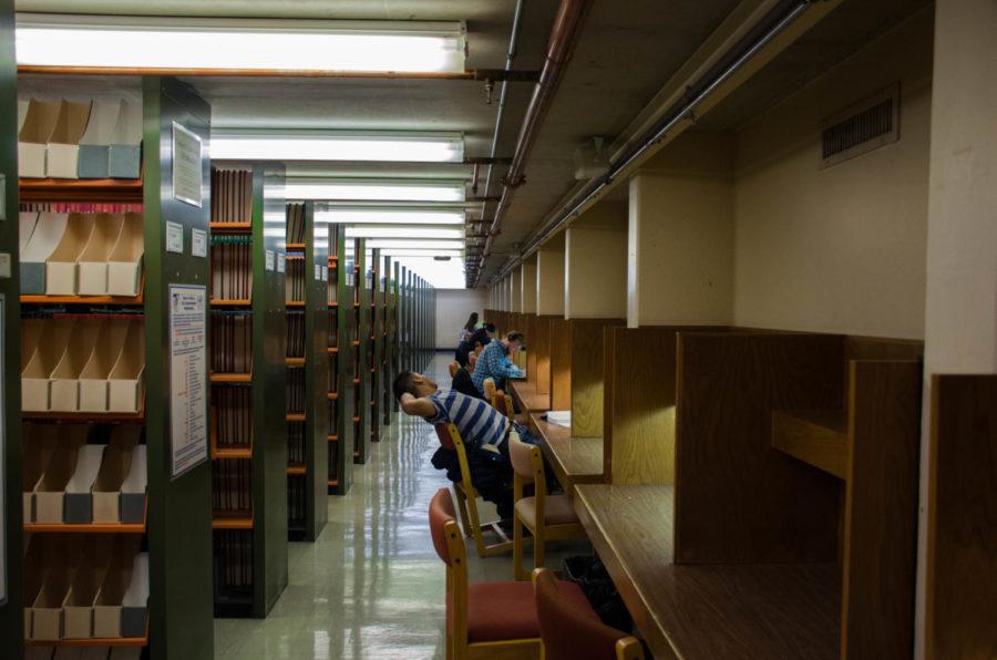 Students study in tier 2. Tucked away inside Parks Library, ISU students can find peace and solitude, ideal for study. The tiers are also home to books not found on the normal floors in the library.