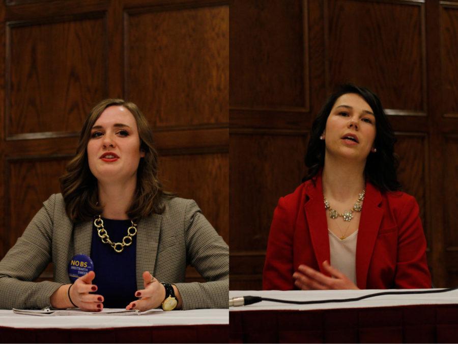 Megan Sweere, left, and Kathryn Leidahl speak at the GSB vice presidential debates Feb. 24.
