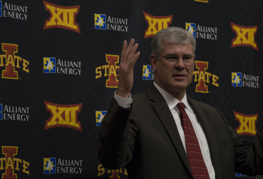 ISU+football+coach+Paul+Rhoads+answers+questions+and+welcomes+newly+signed+ISU+football+players+Feb.+4+at+the+Bergstrom+Football+Complex.