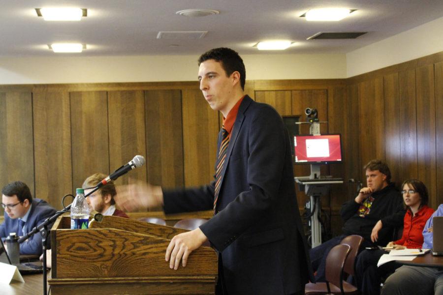 GSB Speaker of the Senate Gabe Walsh, senior in political science, gave his reasoning behind wanting to pass the bill discussed in the GSB meeting Wednesday, Feb. 25. The bill being discussed was for a $4,000 scholarship and a parking pass that would be given to the speaker of the senate, and a parking pass that would be given to the vice speaker. The bill did not pass with a majority vote.