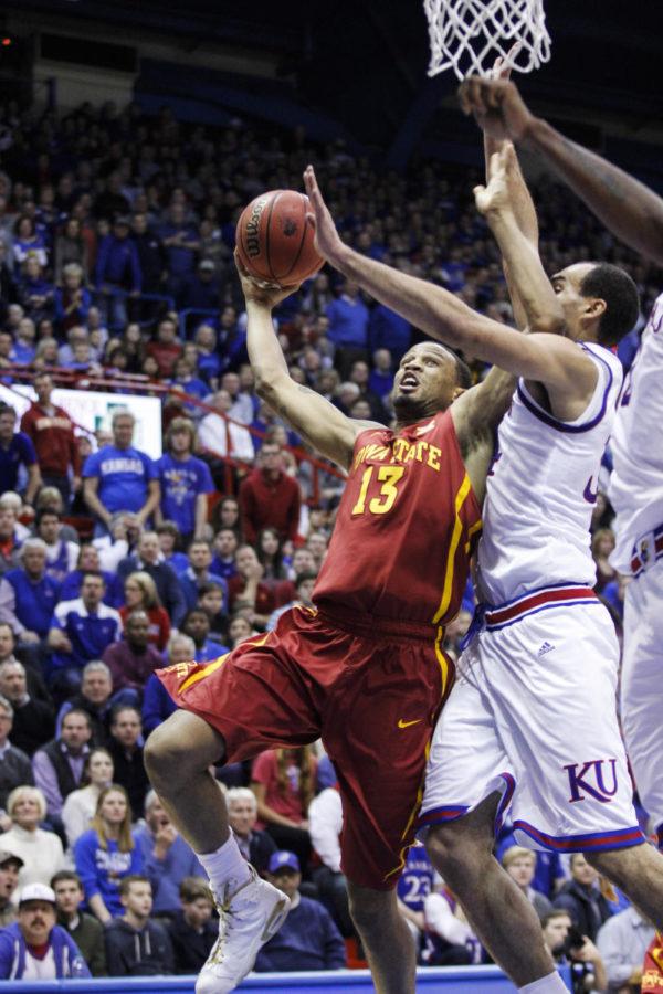 Senior guard Bryce Dejean-Jones goes up for a layup at Kansas on Feb. 2. The Cyclones fell to the Jayhawks 89-76. Dejean-Jones had 14 points and nine rebounds for Iowa State.