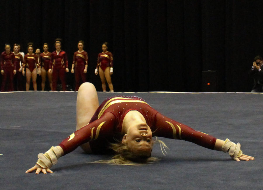 Freshman Haylee Young got the highest score for her team after her floor performance Feb. 6 against the Oklahoma Sooners. Iowa State lost 198.150-195.675.