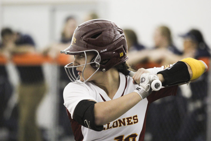 SeniorvCathlin Bingham bats against Utah State on Feb. 6, 2015 in Bergstrom Indoor Football Complex. Iowa State defeated Utah State 3-0 in the opener of the Cyclone Invitational.