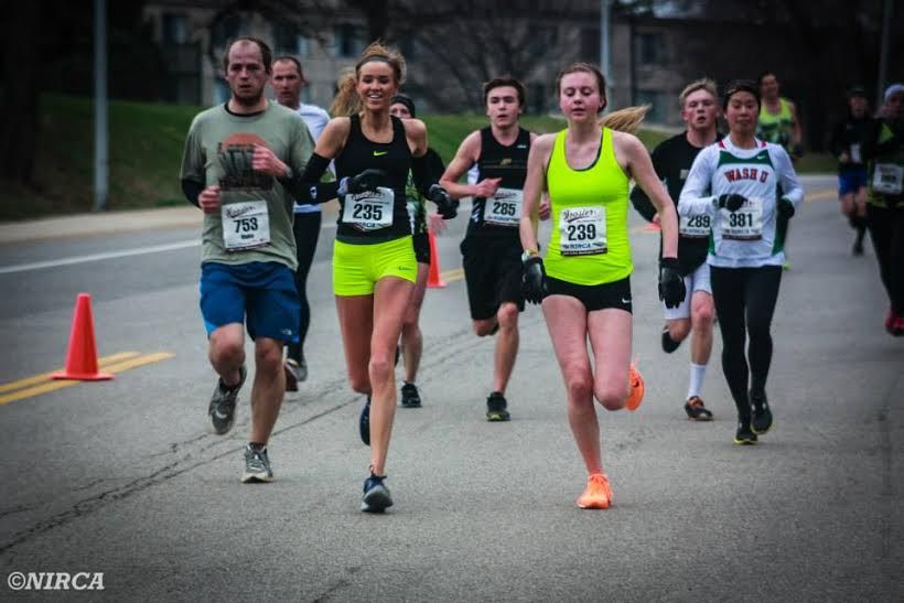 Meredith Anderson (left) and Meg Tully (right) race in the NIRCA Half Marathon Championships in spring 2014. 