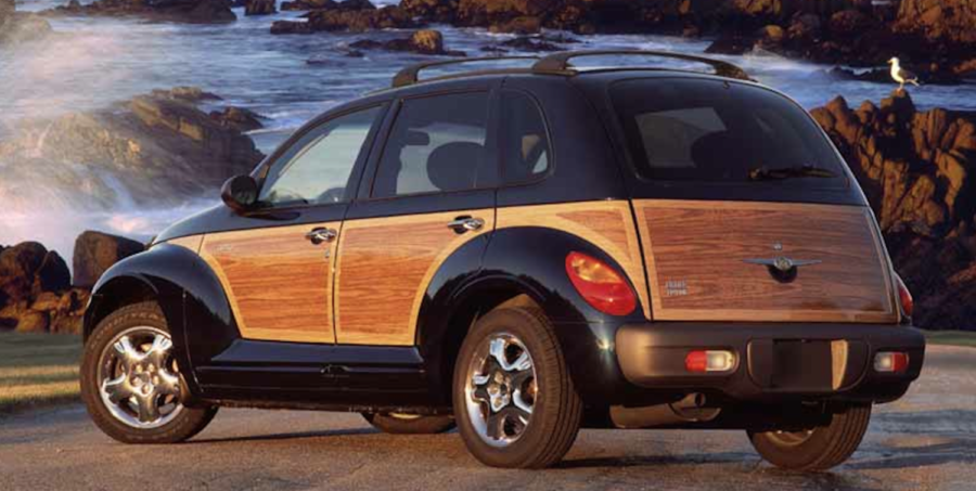 A Chrysler PT Cruiser in all its wood-paneled glory.