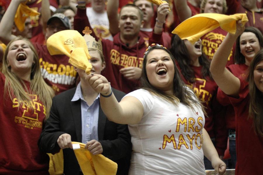 Fans celebrate during Iowa States game against West Virginia on Feb. 14. The Cyclones defeated the Mountaineers 79-59.