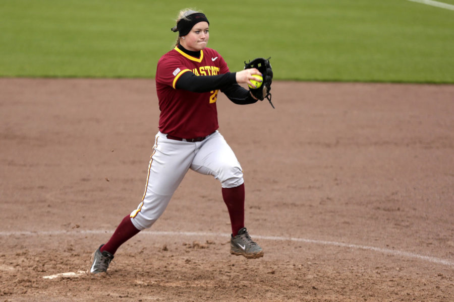 Freshman pitcher Katie Johnson winds up to throw the ball during Iowa States 6-6 tie with Iowa on April 23 at the Cyclone Sports Complex. Umpires called the game off due to darkness.