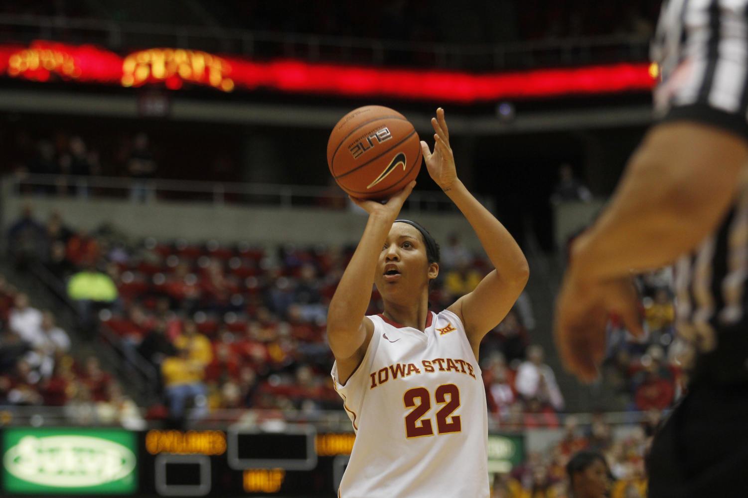 Senior guard/forward Brynn Williamson shoots a free throw during Iowa State'a battle against the No. 3 Texas Longhorns on Jan. 10. Williamson scored 14 points, helping upset the Longhorns 59-57, marking Iowa State's first win over an AP top-10 team since February 2009 and its first win over an AP top-five team since January 2004.