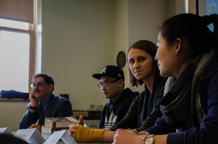 Students come together to discuss improving the experience of international students. Bohan Li, mechanical engineering, Lea Johannsen, history, and Hanxiao, journalism, related their experiences to a small gathering of professors and staff on Tuesday.