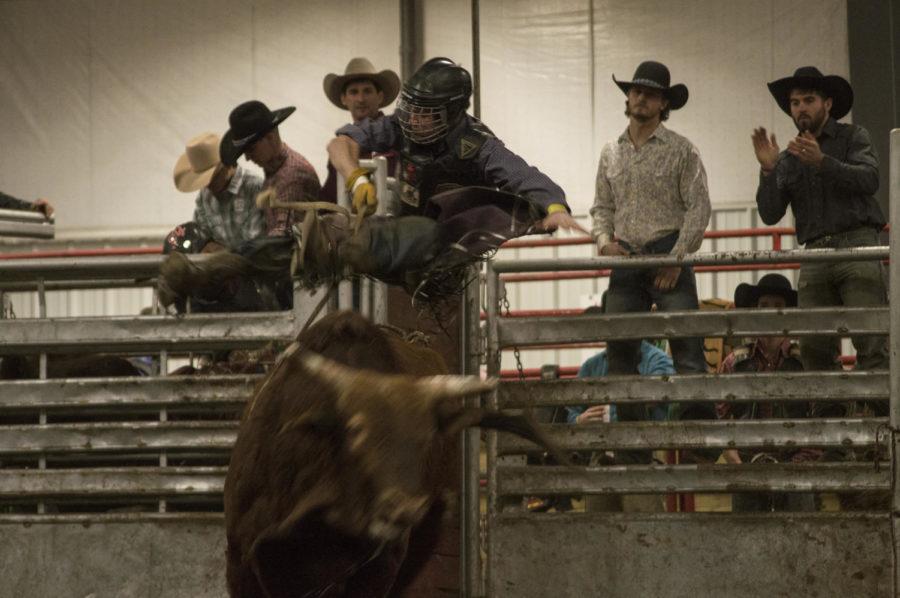 A+rider+is+thrown+airborne+off+of+his+bull+during+the+ISU+indoor+rodeo+hosted+by+Double+S+Bull+Company+LLC+on+Feb.+21.
