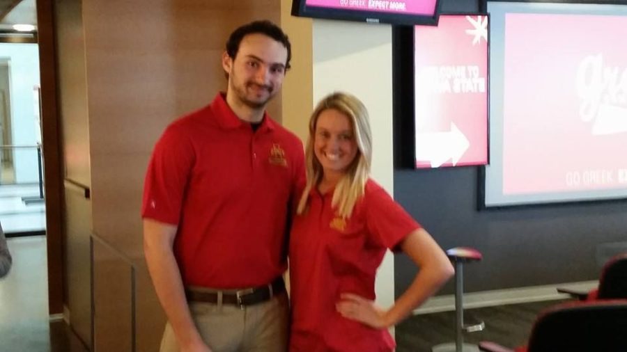 Two new greek ambassadors pose for a photo. Greek ambassadors serve to recruit new students into the greek community at Iowa State.