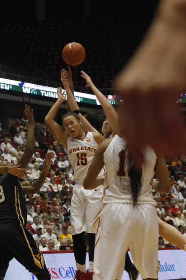 Junior guard Nicole "Kidd" Blaskowsky blocks a shot during the ISU women's basketball game against West Virginia on Feb. 7. Iowa State won 61-43.