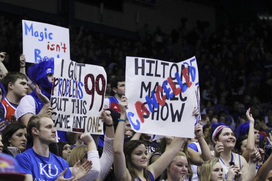 KU fans held up signs referencing Hilton Magic during the game at Kansas on Feb. 2. The Cyclones fell to the Jayhawks 89-76.