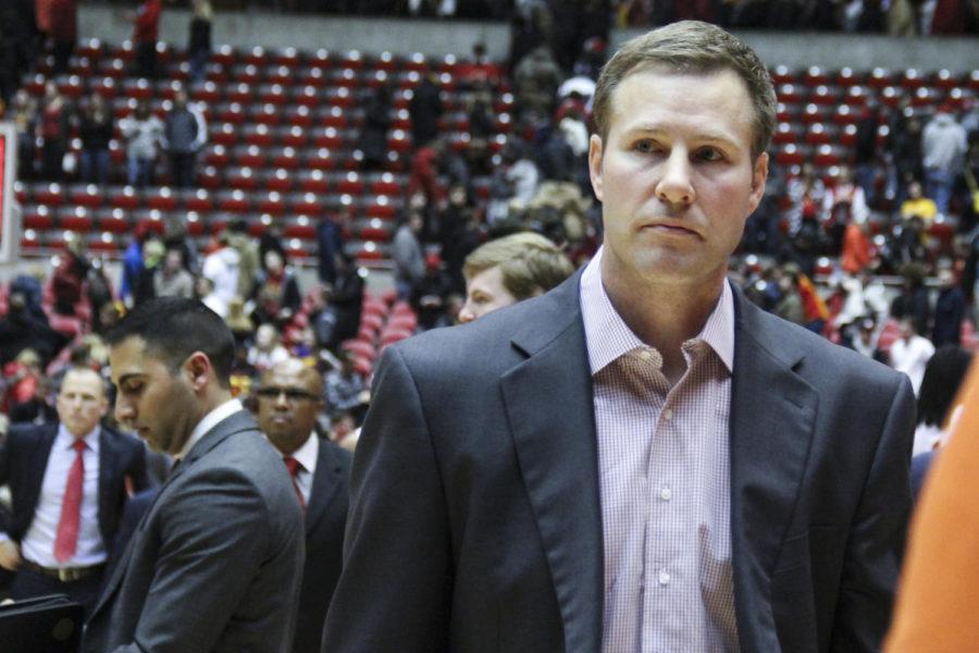 ISU coach Fred Hoiberg walks off the court with a somber look after the No. 12 Cyclones fell to No. 19 Baylor 79-70, ending a 21-game home winning streak.