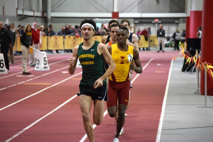 Senior Edward Kemboi chases after a Baylor runner in the mens 800-meter run at the Iowa State Classic on Feb. 14. Kemboi finished first in the event.
