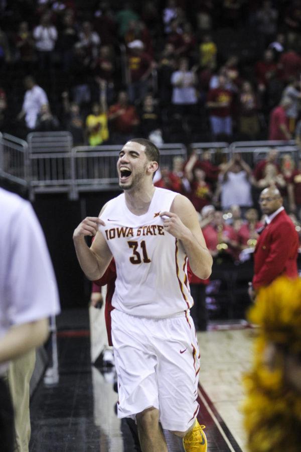 Junior forward Georges Niang runs off the court after the Big 12 Championship semifinal game against Oklahoma on March 13 at the Sprint Center in Kansas City, Mo. The Cyclones defeated the Sooners 67-65 to advance to the final championship game against Kansas on March 14.