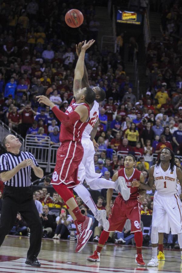 Senior forward Dustin Hogue jumps for tip-off during the Big 12 Championship semifinal game against Oklahoma on March 13 at the Sprint Center in Kansas City, Mo. The Cyclones defeated the Sooners 67-65 to advance to the final championship game against Kansas on March 14.