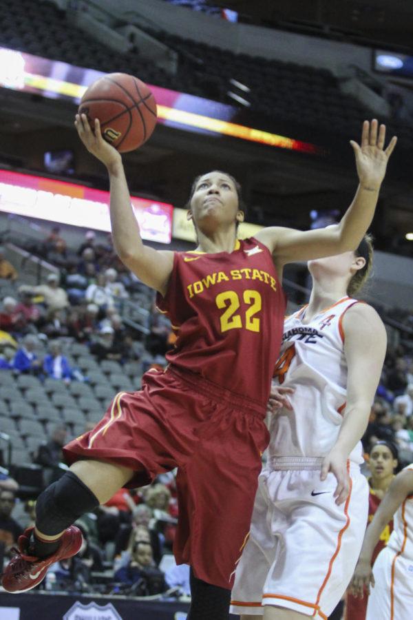 Senior guard/forward Brynn Williamson shoots against Oklahoma State in the third game of the 2015 Big 12 Championship in Dallas, Texas. The Cyclones fell to the Cowgirls 67-58. Williamson had 16 points and 11 rebounds for Iowa State.
