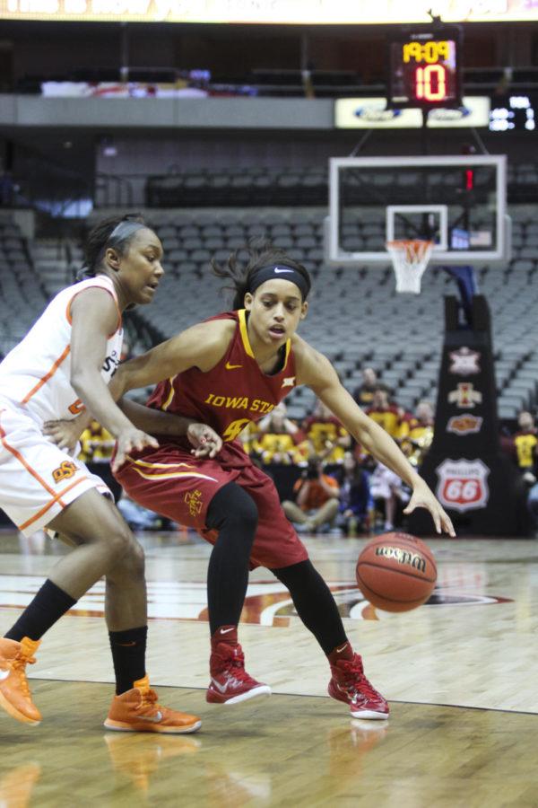 Nikki Moody works her way around an opposing player against Oklahoma State in the third game of the 2015 Big 12 Championship in Dallas, Texas. The Cyclones fell to the Cowgirls 67-58.