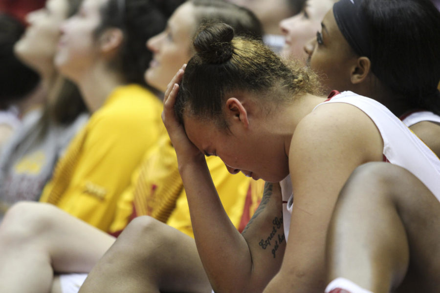 Junior Nicole Kidd Blaskowsky cries during the video honoring the teams three seniors after the Cyclones defeated No. 3 Baylor on Feb. 28.
