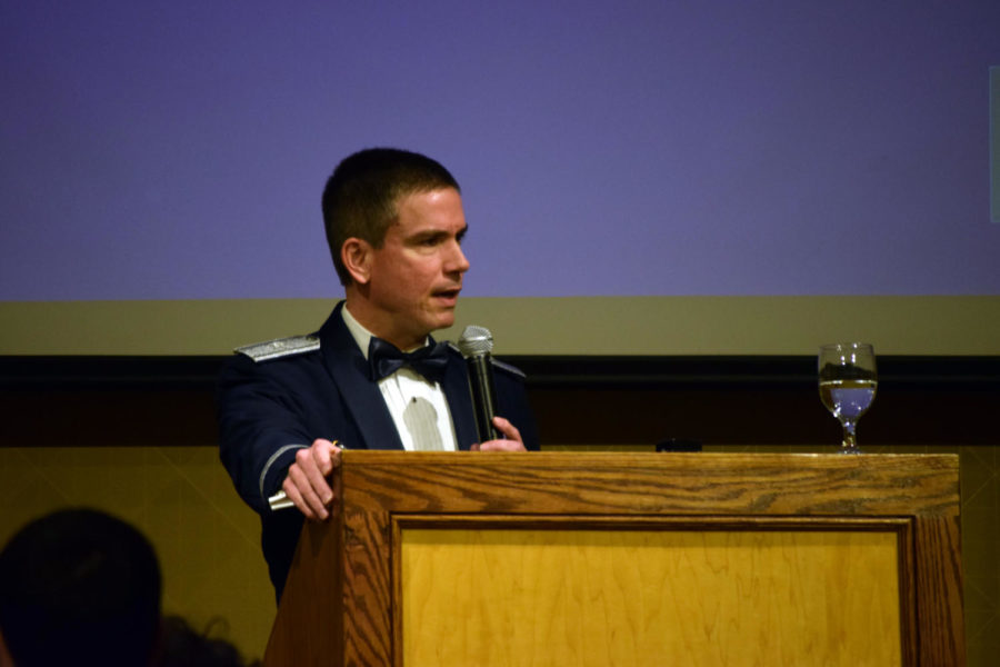 Brigadier General Paul W Tibbets IV speaks at the ISU Air Force ROTC spring ceremony on Saturday.