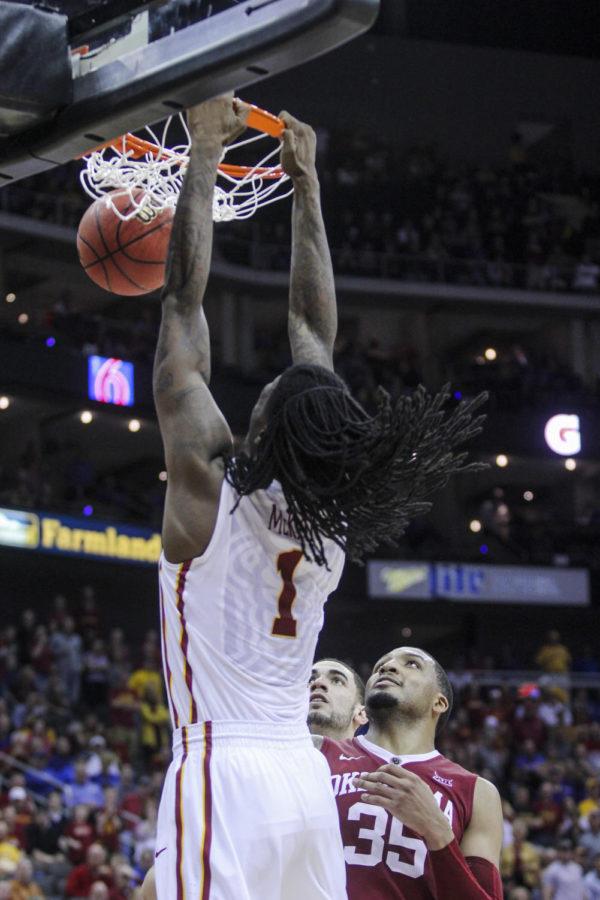 Redshirt junior Jameel McKay dunks on Oklahoma in the Big 12 Championship semifinal game on March 13 at the Sprint Center in Kansas City, Mo. The Cyclones defeated the Sooners 67-65 and will face Kansas in the championship game on March 14.