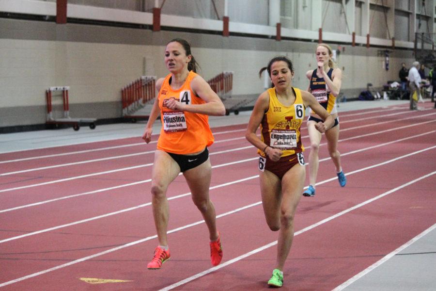 Sophomore Heidi Engelhardt runs to a sixth-place finish in the finals of the mile event during the Big 12 Indoor Championship on Feb. 28. 