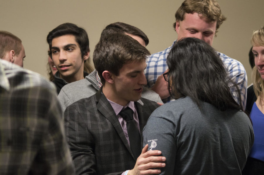 Daniel Breitbarth speaks to his supporters after it is announced that he will serve as the Government of the Student Body president during the 2015-16 school year.
