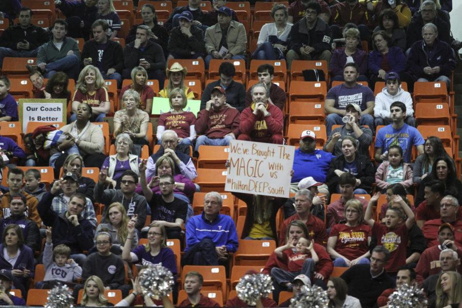 A fan holds a sign for Hilton Magic in the deep south during the game against Texas Christian on March 7 at Wilkerson-Greines Athletic Center in Fort Worth, Texas. The Cyclones defeated the Horned Frogs 89-76. ISU fans outnumbered the TCU fans at the game.