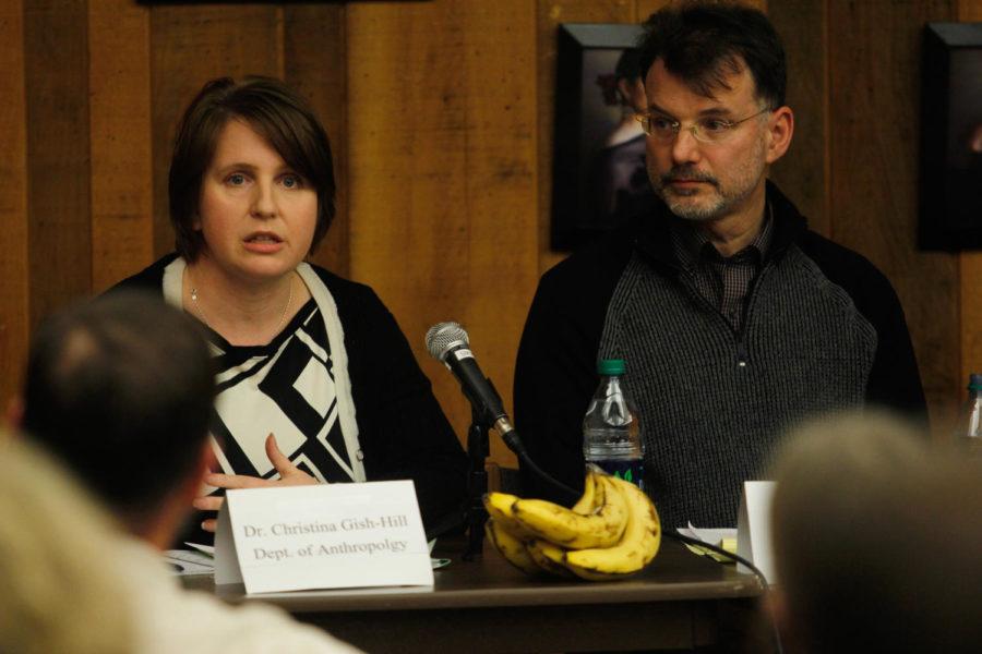 Christina Gish Hill, professor of anthropology, and Clark Wolf, professor of philosophy, start the dialogue on transgenic bananas on Wednesday in the Pioneer Room of the Memorial Union. The discussion was about GMO bananas and the ethics of using them in Uganda and experimenting with them here at Iowa State.