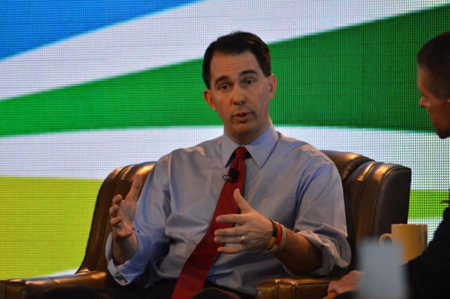 Bruce Rastetter conducts at question and answer session with Wisconsin Gov. Scott Walker about agricultural issues facing the world today. The session was a part of the 2015 Ag Summit that took place in Des Moines on March 7.