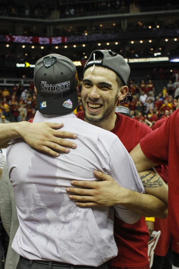 Junior Georges Niang hugs coach Fred Hoiberg after Iowa State defeated Kansas 70-66 in the 2015 Big 12 Championship final on March 14 at the Sprint Center in Kansas City, Mo.