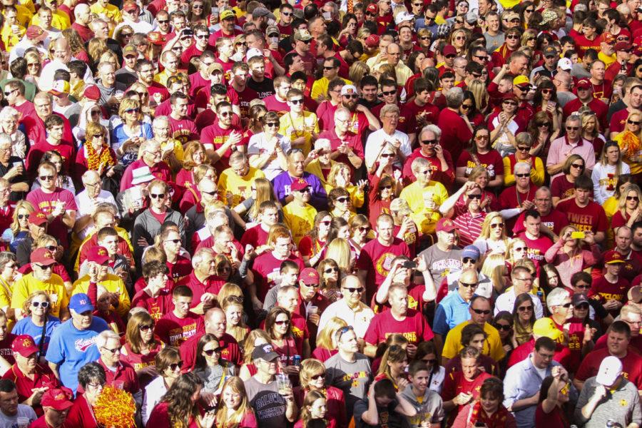 ISU fans filled the courtyard at the Power and Light District in Kansas City for a pep rally before the Big 12 Championship semifinal game against Oklahoma on March 13.