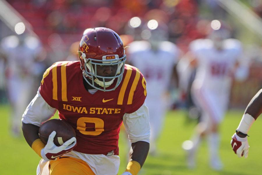 Redshirt sophomore wide receiver DVario Montgomery catches his first career touchdown pass for 59 yards on Nov. 1, the longest play from scrimmage for the Cyclones this season. The Cyclones fell to the No. 19 Sooners with a final score of 59-14.