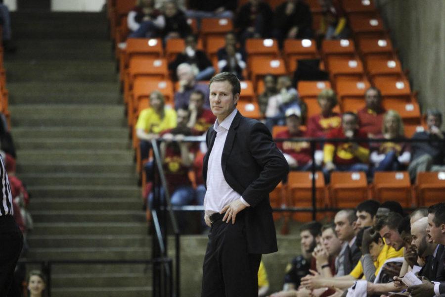 Coach Fred Hoiberg looks down the court during the game against Texas Christian on March 7 at Wilkerson-Greines Athletic Center in Fort Worth, Texas. The Cyclones defeated the Horned Frogs 89-76.