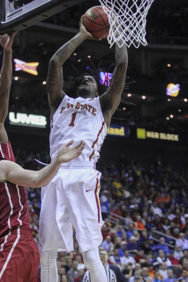 Redshirt junior forward Jameel McKay puts up a shot during the Big 12 Championship semifinal game against Oklahoma on March 13 at the Sprint Center in Kansas City, Mo. The Cyclones defeated the Sooners 67-65 to advance to the final championship game against Kansas on March 14. McKay had 12 points and nine rebounds for Iowa State.