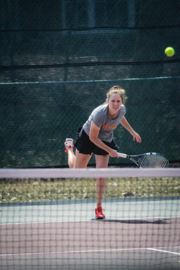 Sophomore Ana Gasparovic serves in game three of the first set of her singles womens match against Texas Tech at the Cyclones womens tennis meet on March 30, 2014. 