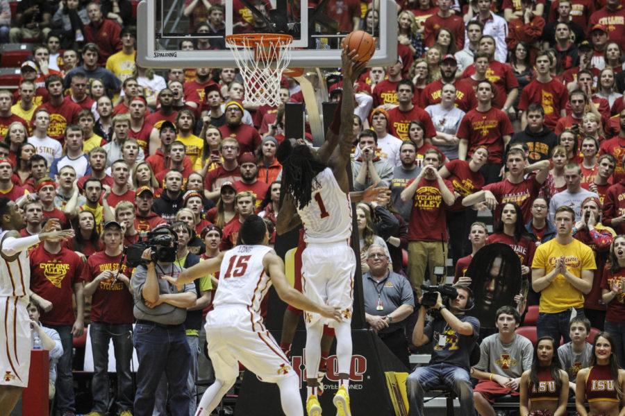 Redshirt junior guard Jameel McKay blocks a shot during the game against No. 15 Oklahoma at Hilton Coliseum on March 2. The No. 17 Cyclones defeated the Sooners 77-70 after a rocky 18-point first half.