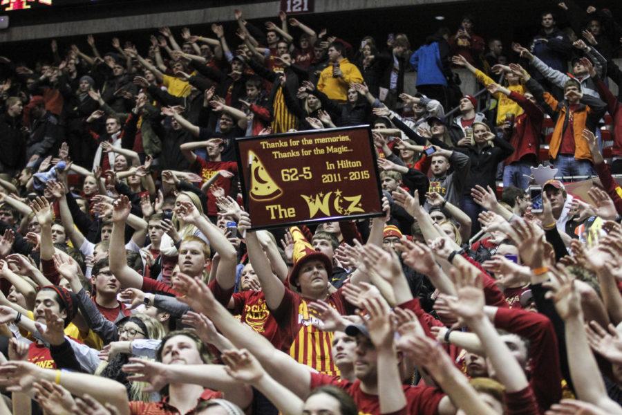 Fans+in+the+student+section+celebrate+and+sing+along+to+Sweet+Caroline+after+the+game+against+No.+15+Oklahoma+on+March+2+at+Hilton+Coliesum.+The+No.+17+Cyclones+defeated+the+Sooners+77-70+after+a+rocky+18-point+first+half.