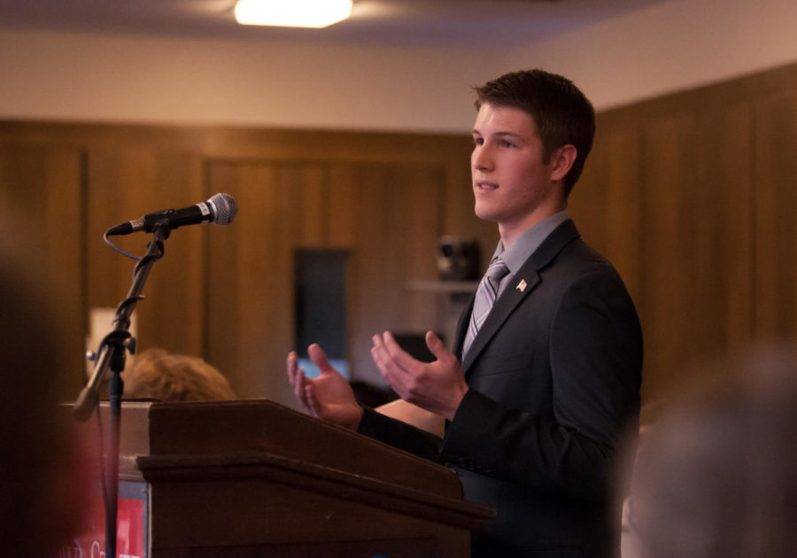 Speaker candidate Ben Crawford addressed the gathered senators explaining his qualifications for the position of speaker. Ultimately, he won the election and will serve for the next year as Speaker for the Student Government.