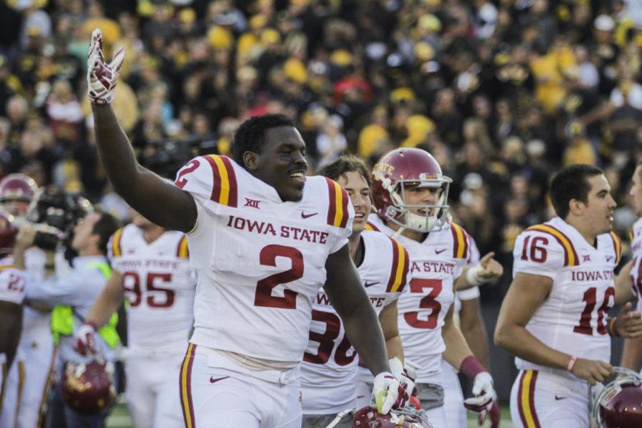 Junior+linebacker+Jordan+Harris+celebrates+after+winning+the+Cy-Hawk+Series+at+Kinnick+Stadium+in+Iowa+City+on+Sept.+13.+Harris+is+a+part+of+a+change+in+the+ISU+defense+that+sees+eight+junior+college+transfers.%C2%A0