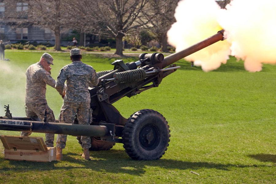 A Howitzer cannon is fired on Central Campus as a part of the ROTC Change of Command ceremony Wednesday.