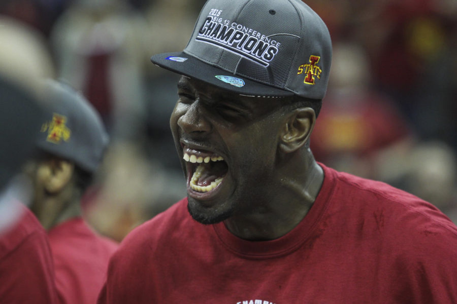 Senior Dustin Hogue celebrates after Iowa State defeated Kansas 70-66 in the 2015 Big 12 Championship final on March 14 at the Sprint Center in Kansas City, Mo.