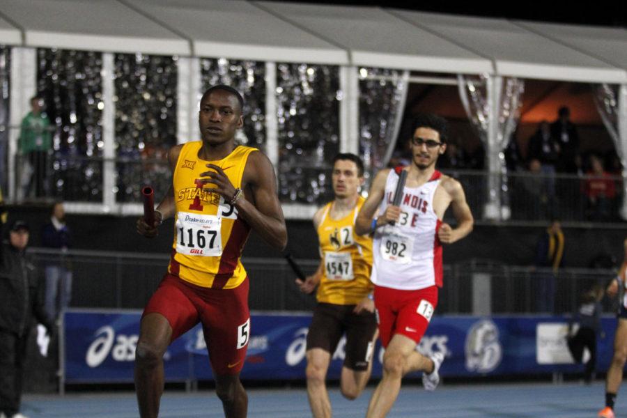Senior Edward Kemboi runs the final leg of the mens 4x800-meter relay at the Drake Relays on April 24 in Des Moines. The team finished sixth overall in the event.