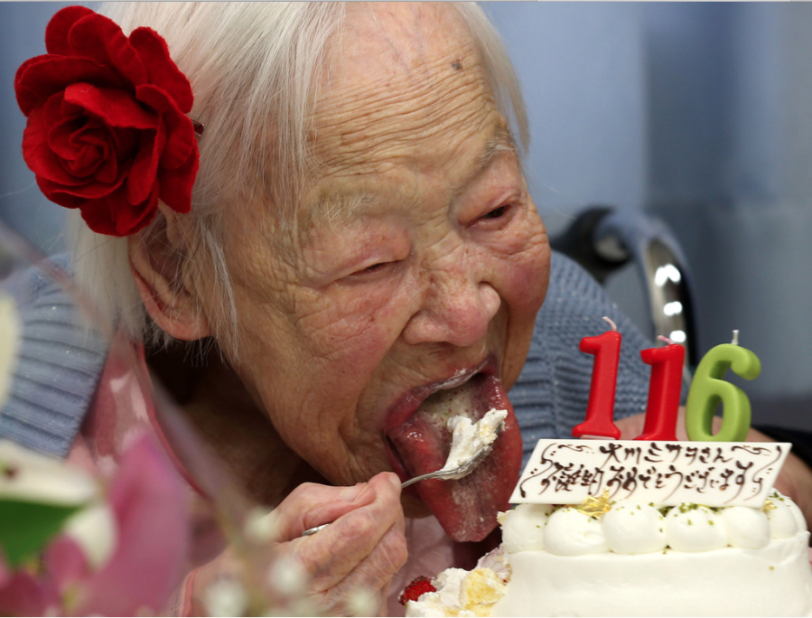 According to CNN, Misao Okawa had eaten a lot of cake for her birthday.source: http://www1.pictures.zimbio.com/gi/World+Oldest+Japanese+Woman+Turns+116+rpK_l8QVeBgx.jpg