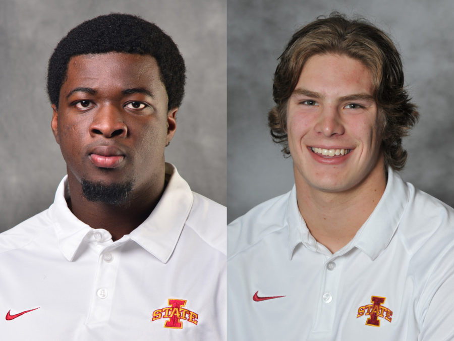 Defensive lineman Terry Ayeni (left) and wide receiver Jake Rhoads were arrested around 2 a.m. Sunday.