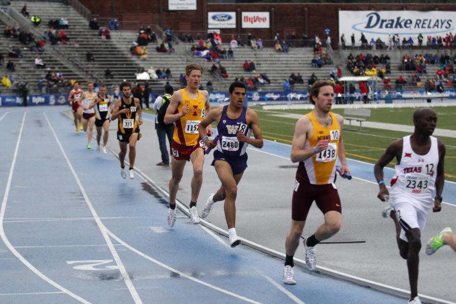 Senior Brian Biekert anchors the mens distance medley relay at the Drake Relays on April 25 in Des Moines.