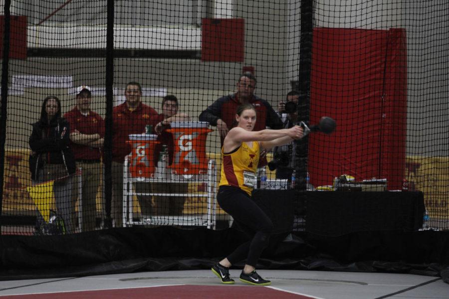 Senior Anna Holtermann competes in the womens weight throw during the Big 12 Indoor Championship at Lied Recreation Athletic Center on Feb. 27.
