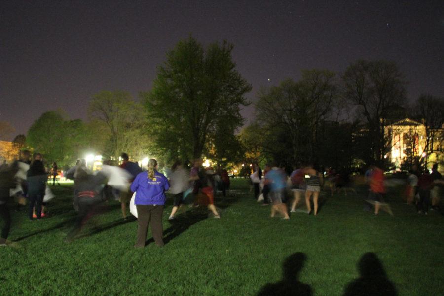 About 80 students gathered on Central Campus at 10 p.m. Wednesday, April 29, to have a pillow fight to de-stress from Dead Week. 