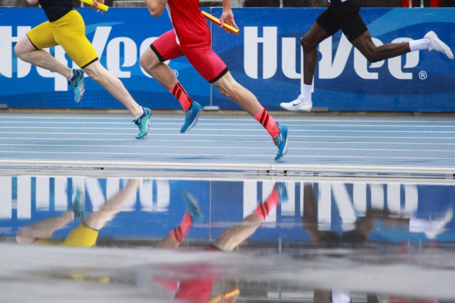 Rainfall covered the track at Drake Stadium during the 2015 Drake Relays on April 24.